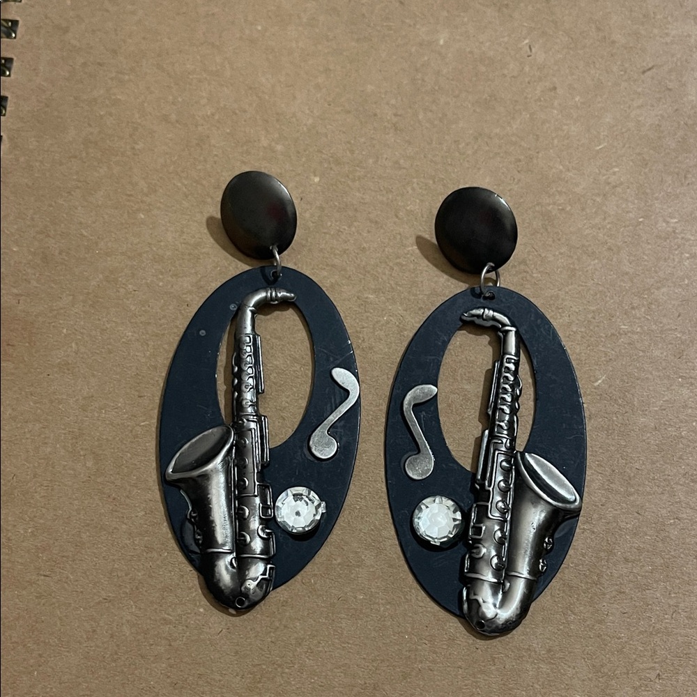 Silver and Black Saxophone and Music Note Earrings, Chunky Earrings!
